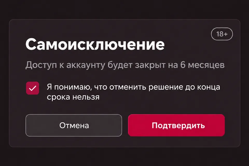 Окно подтверждения самоисключения из аккаунта казино на 6 месяцев